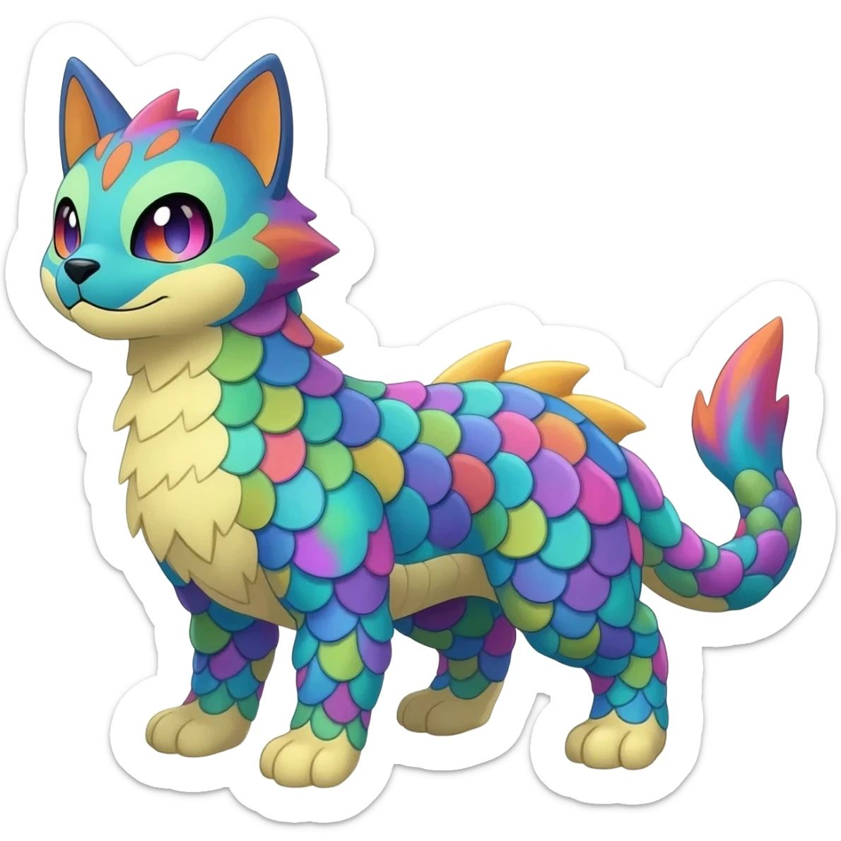 Colorful scaly flurry Latias-Vernid-Lombax-Renamon-Zeraora-Bastet-Fakémon-hybrid-fusion-creature, full body sticker