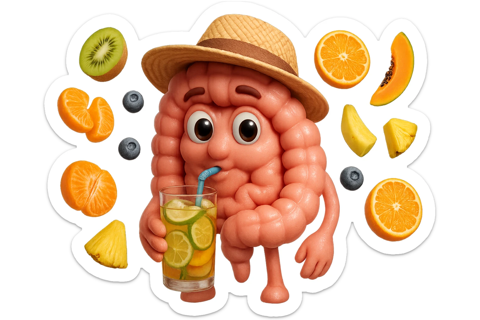 EMOJI STILE IPHONE DI INTESTINO UMANO REALISTICO CON CAPPELLO DI PAGLIA DA SPIAGGIA CHE BEVE UN Tè FREDDO IN BICCHIERE DI VETRO CON DENTRO  fette di cetriolo, limone, lime, DIETRO L'INTESTINO FLUTTUANO PEZZETTI DI Kiwi
Banana acerba
Arance e mandarini
Mirtilli
Ananas
Papaya
IPERREALISTICO 4K sticker