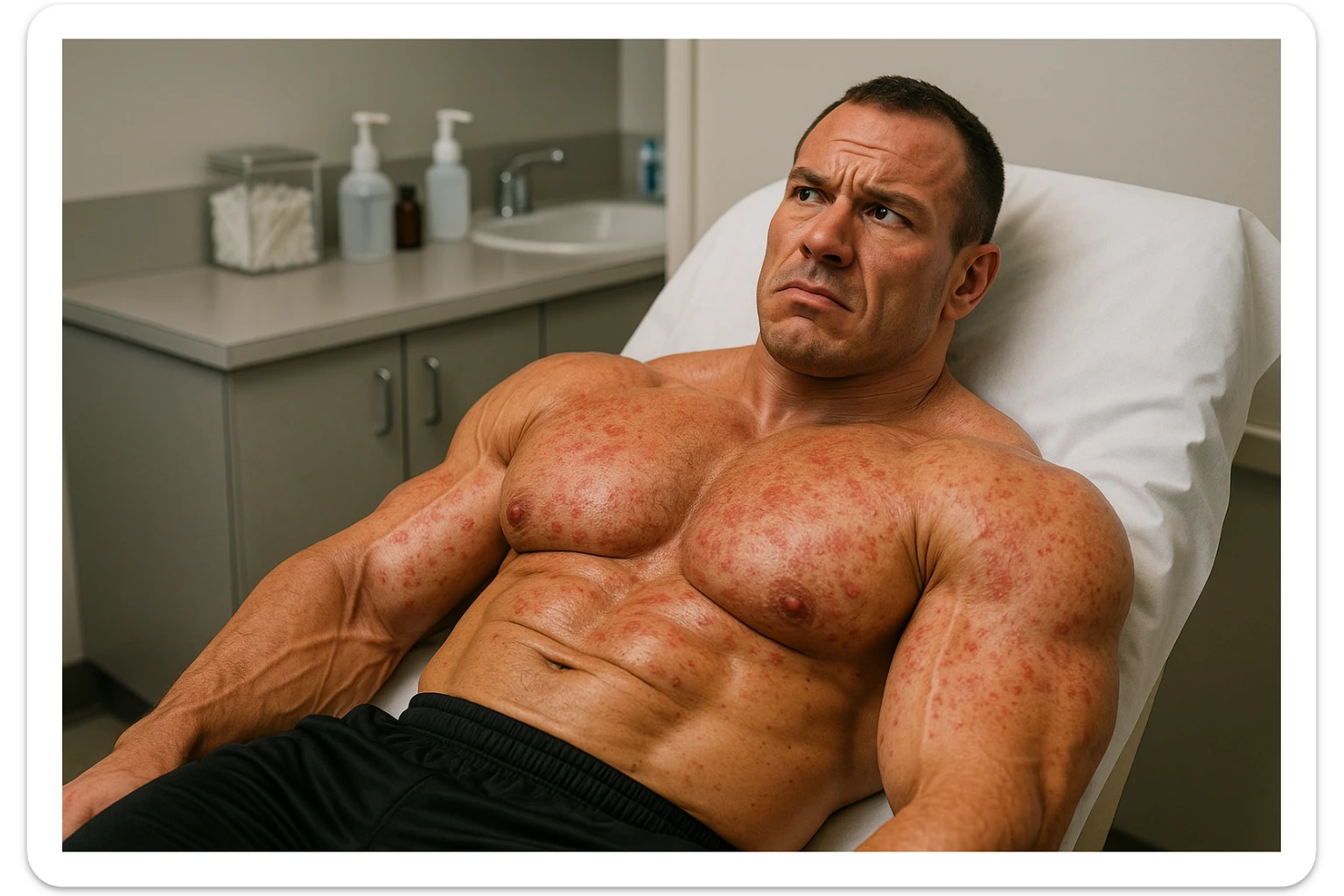 BODYBUILDER STESO SUL LETTINO DI UN MEDICO CON IRRITAZIONE CUTANEA, iperrealistico 4k sticker