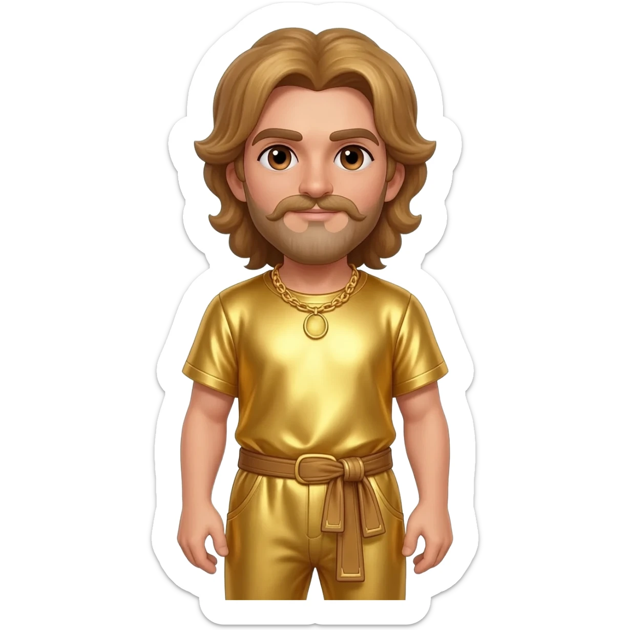 King Midas from Greek Mythology with brown eyes, golden brown hair, gold metallic shirt, gold metallic baggy pants, gold necklace sticker
