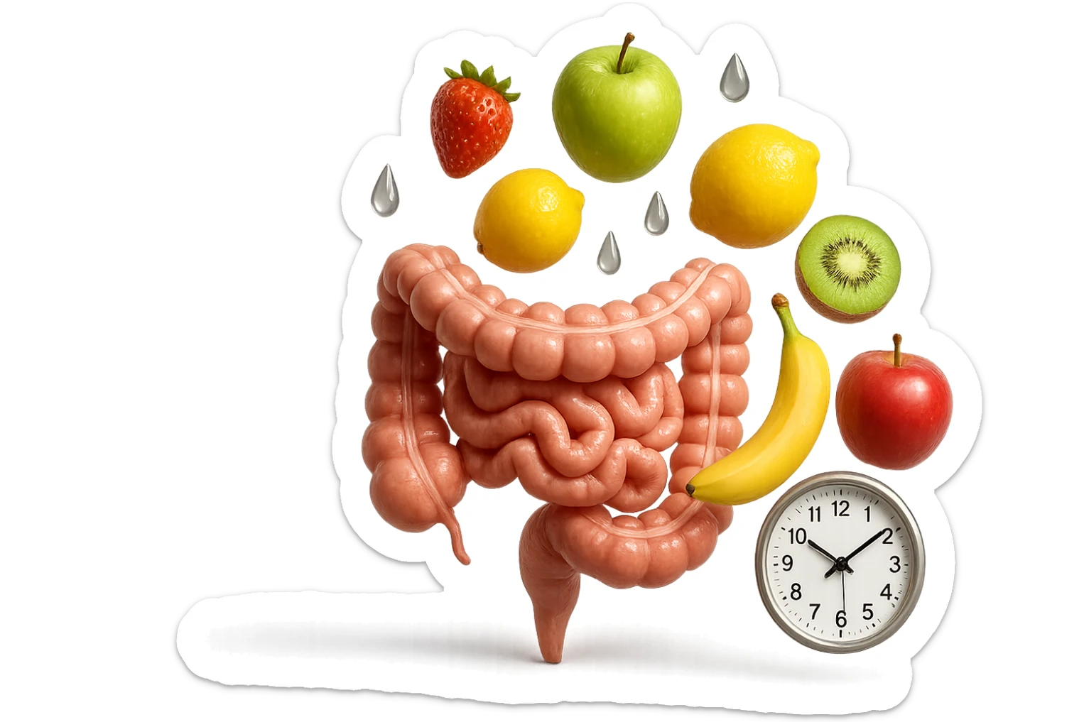 frutta mista cade dall'alto verticalmente insieme a 3 gocce di acqua 3d e un orologio da parete, davanti a questi elementi c'è un intestino umano anatomico iperrealistico sticker