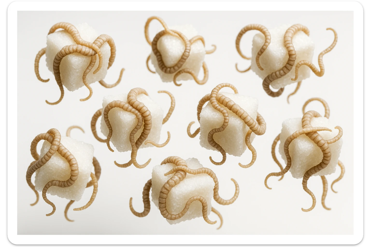 ZOLLETTE DI ZUCCHERO CON PARASSITI TIPO LA TENIA ARROTOLATE INTORNO AD OGNI ZOLLETTA, FLUTTUANO IN ARIA SU SFONDO BIANCO, IPERREALISTICO 4K sticker