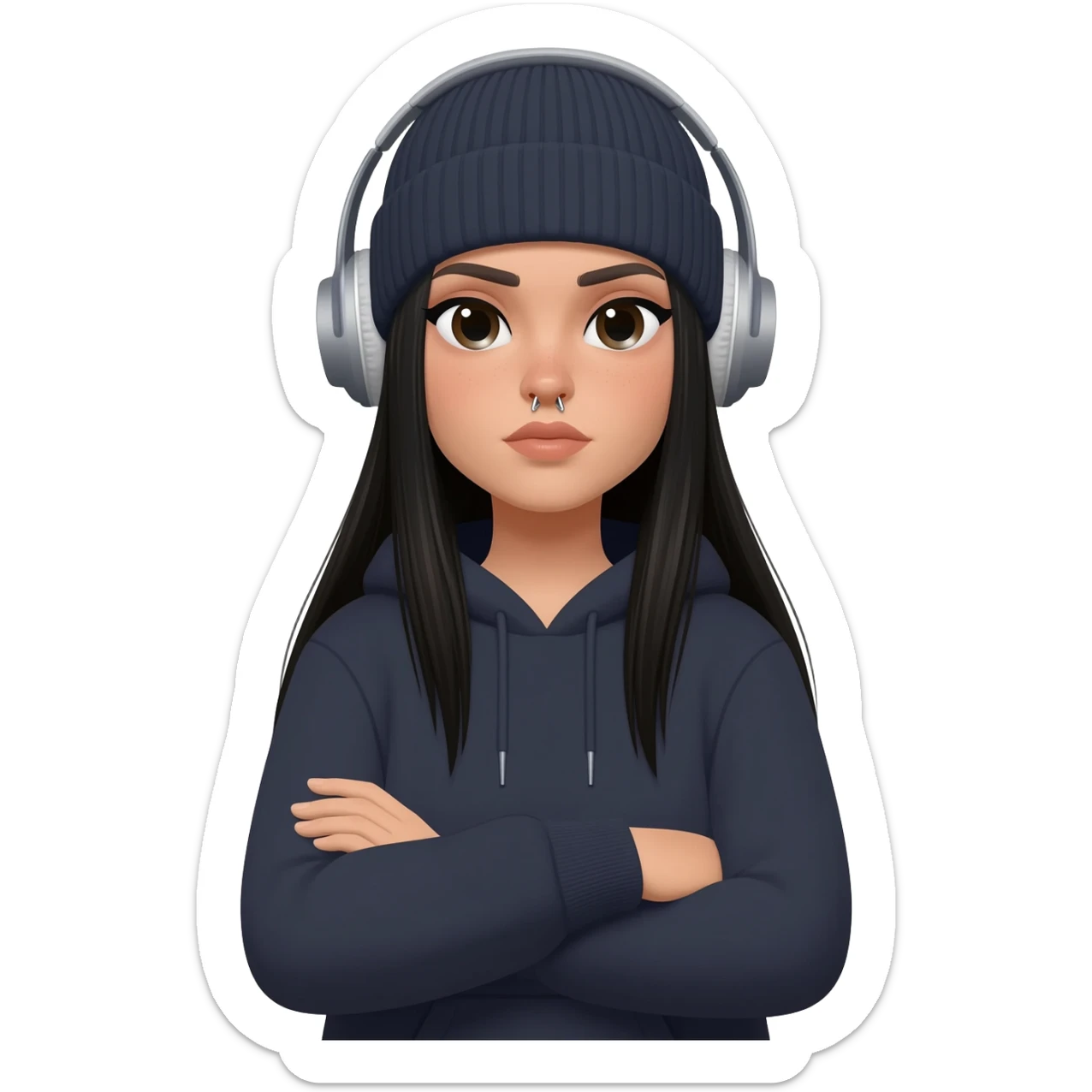 White curvy female with long straight black hair wearing a beanie and standing with arms crossed wearing a hoodie and both nostrils pierced listening to music sticker