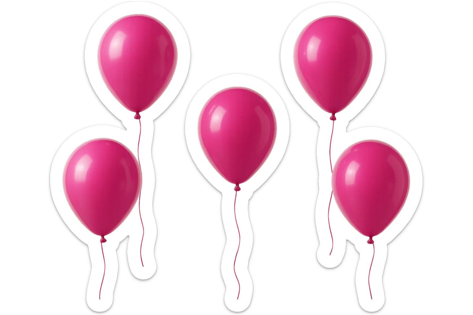 5 palloncini magenta fluttuano in aria isolati su sfondo bianco, iperrealistico 4k sticker