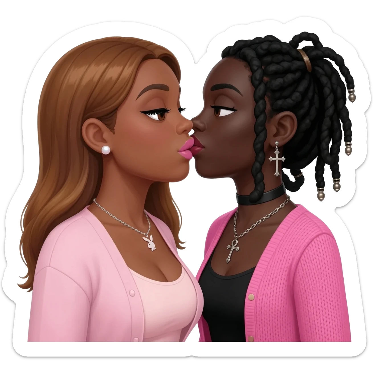 Bimbo, pearl earrings stud, Light pink cute lips, black eyebrows, long honey brown hair, dark brown skin, playboy necklace with lashes, light pink cardigan shirt, kissing the goth black girl with pink cardigan shirt, with brown skin, cross earrings, ankh necklace with black dreadlocks sticker