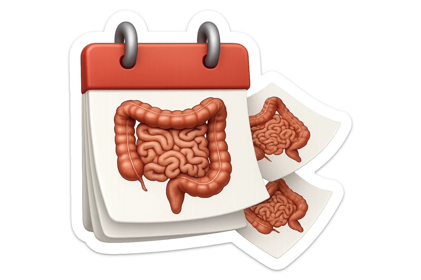 emoji stile iphone di un calendario con fogli che volano insieme, sui fogli ci sono disegnati degli intestini anatomici, iperrealistico 4k, isolato su sfondo bianco sticker