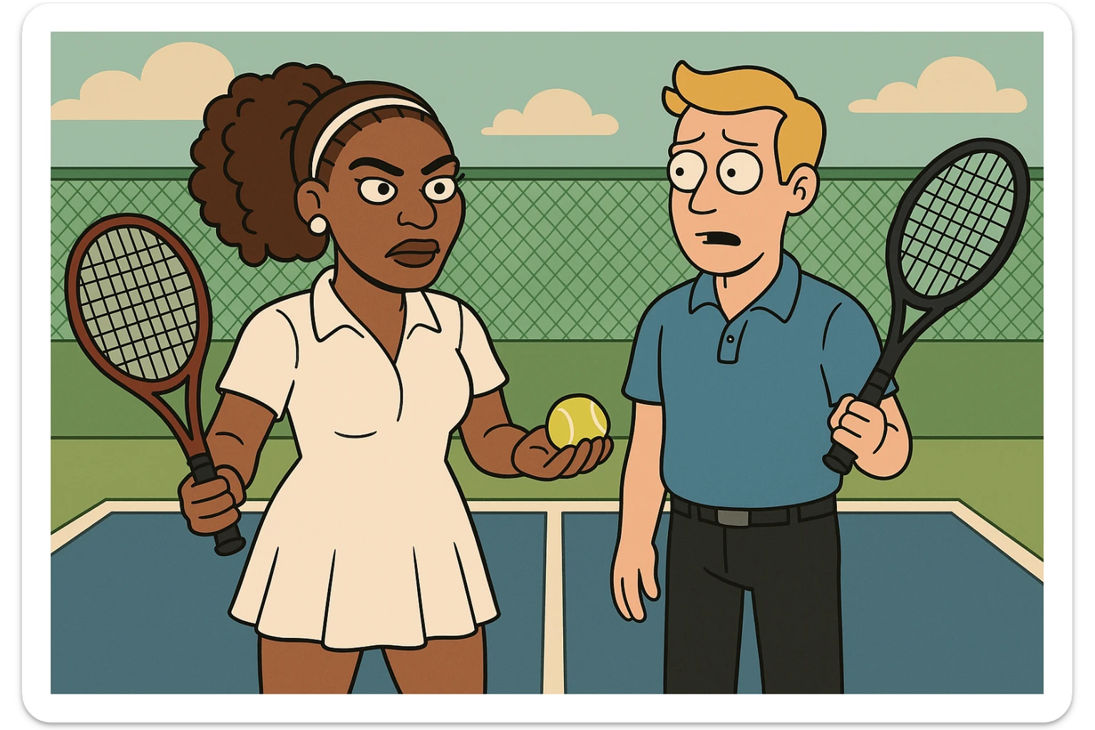 Serena Williams white shirt dress tennis racket one ball tennis a man dark yellow hair blue shirt black trousers tennis racket tennis court background  sticker