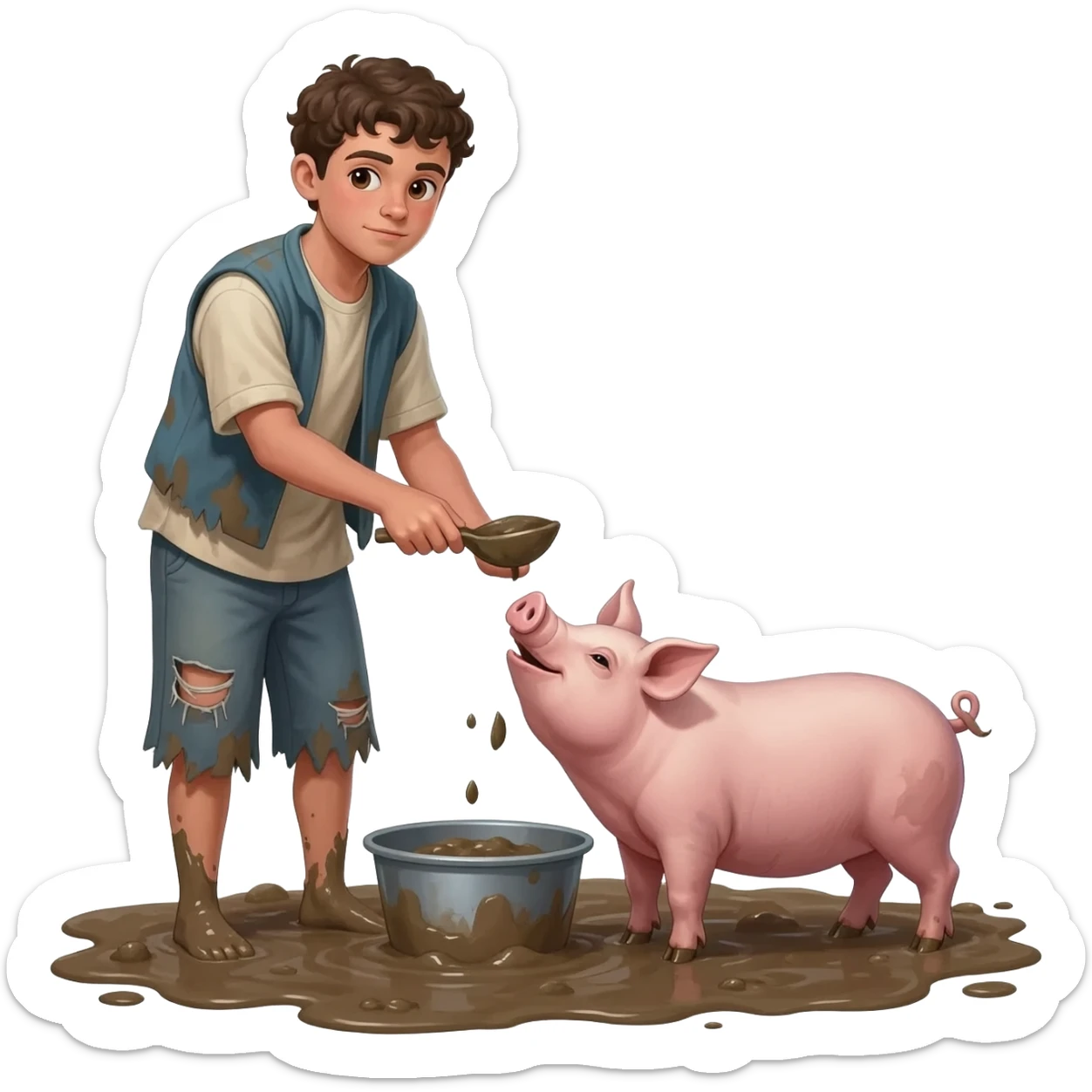 нарисую юношу 20-24 лет, как он кормит свиней в грязи   в рваной одежде  возрастом 20-24  года во весь рост  ,  времена древнего иерусалима sticker