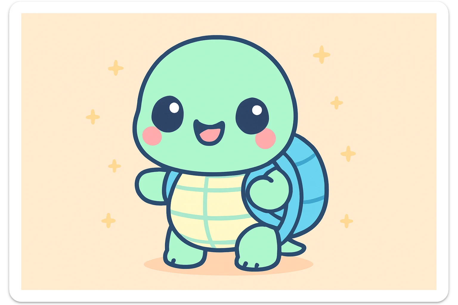 tortue qui part en voyage, style kawaii, avec sac à dos, expression enthousiaste sticker