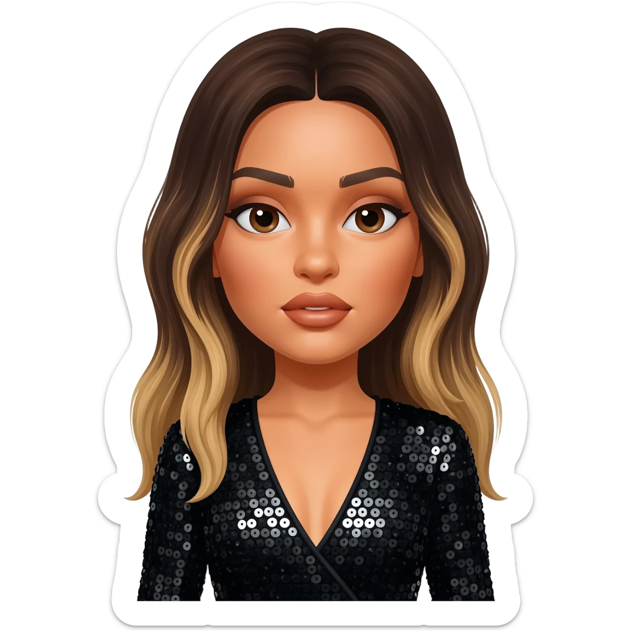 Jade Thirlwall with brown eyes, long dark brown hair with light blonde, black sequin jumpsuit sticker