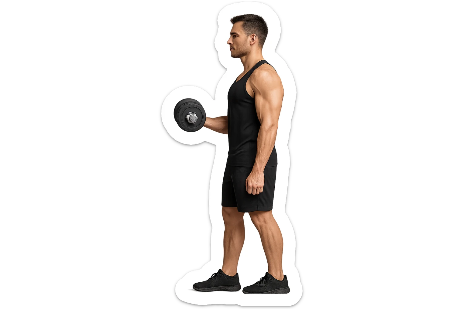 uomo fitness di profilo a figura intera con manubrio da palestra in mano, iperrealistico 4k sticker