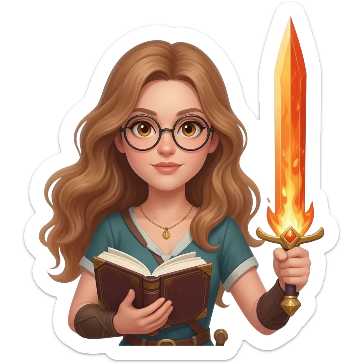 detailed emoji illustration of a woman with long light brown wavy hair and light brown eyes wearing round glasses, holding a book in one hand and raising a flaming sword in the other, heroic fantasy pose, emoji style sticker
