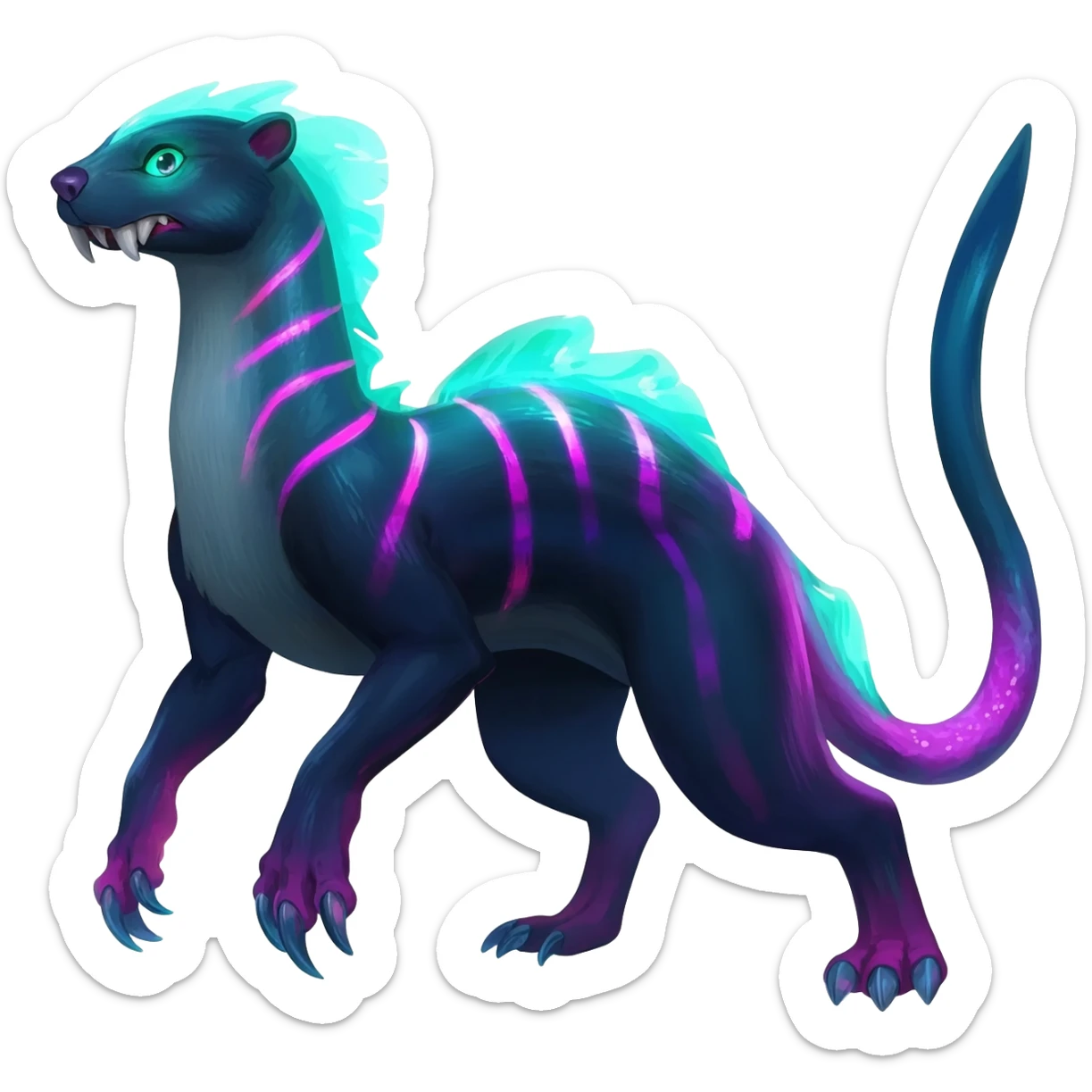 Colorful bioluminescent dark abysmal abyssal neon-glowing Trico-Sergal-Furret-Ferret-Wolverine-Vernid-fusion-Fakemon-animal-hybrid-creature, full body sticker