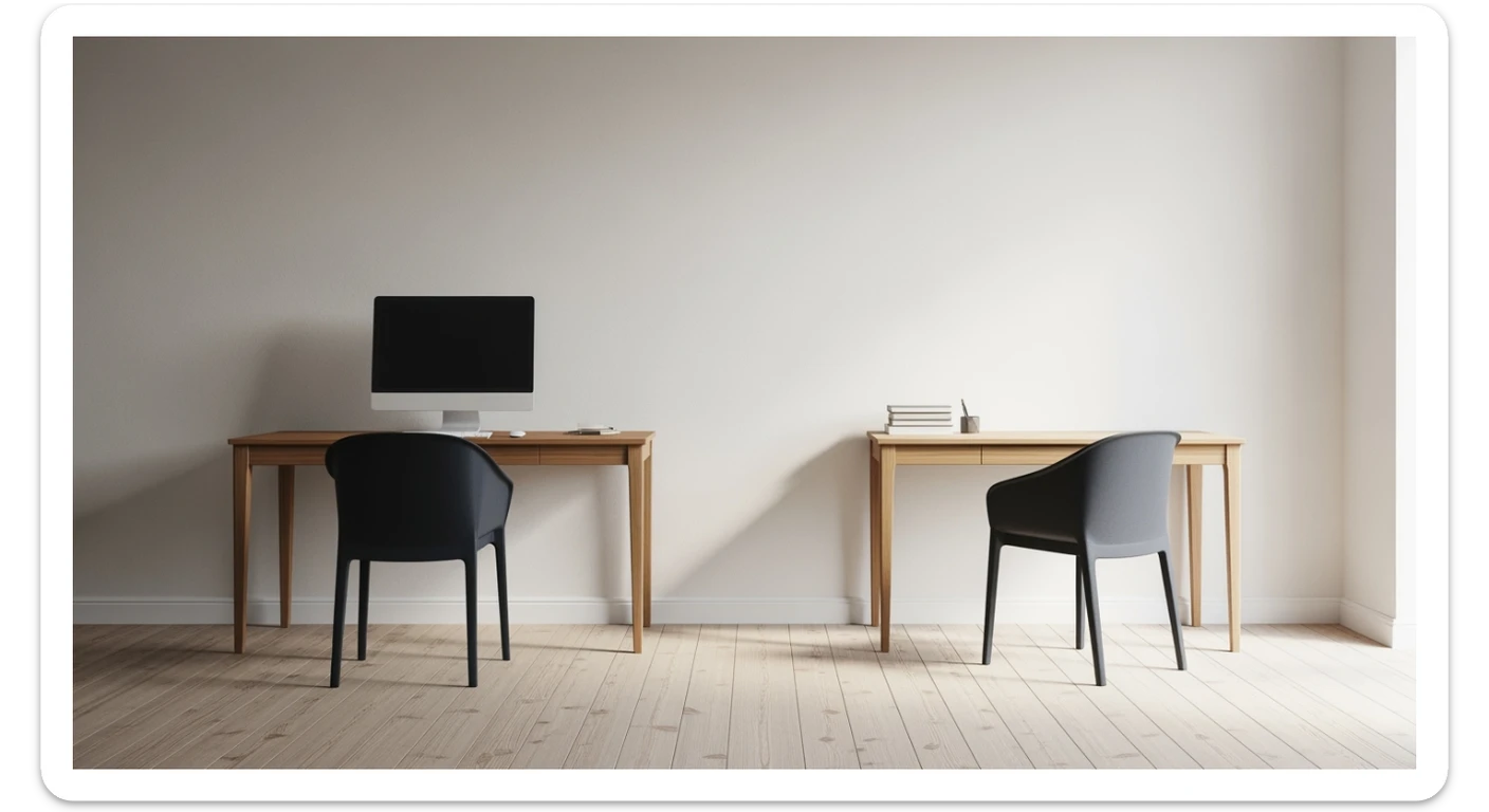 Editorial shot, Make this chair next to desk with mac setup, wooden modern floor, minimalistic room, contrast chair to wall, chair standing front to camera, soft bright light in room sticker