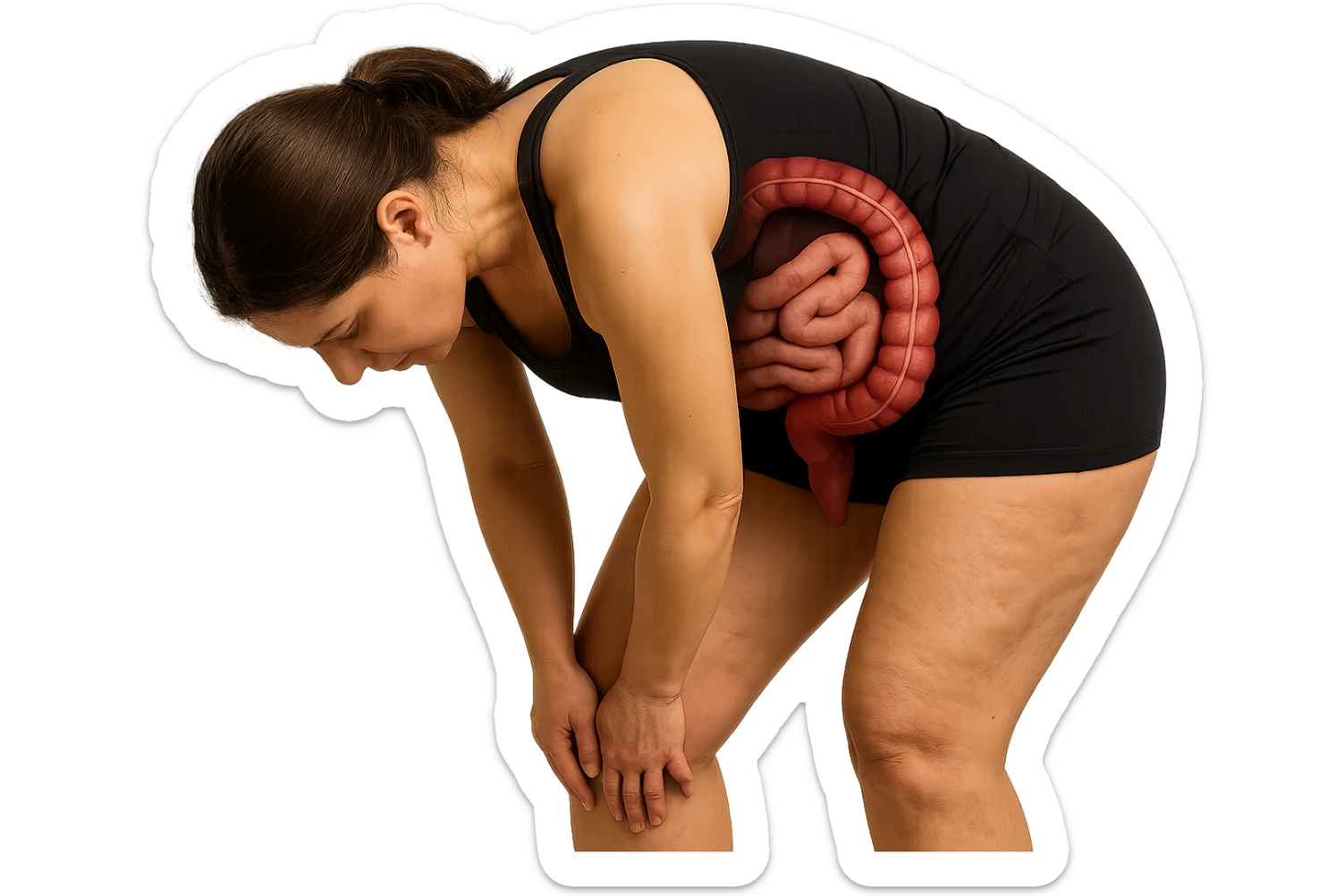 donna in gym shorts con intestino anatomico in evidenza di spalle piegata a toccarsi le cosce grasse, sulle cosce ha cellulite visibile, iperrealistico 4k sticker