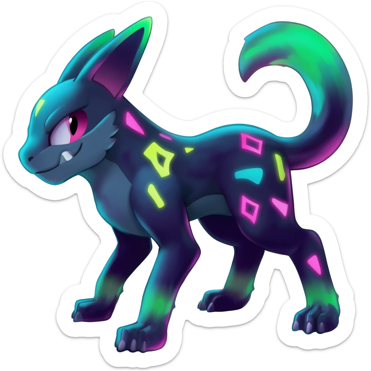 Rare realistic dark-neon glowing bioluminescent edgy badass epic pretty beautiful handsome gorgeous aesthetic colorful vibrant Vernid-Trico-species-Fakemon-creature by LiLaiRa, 4 legs, 1 tail, random markings, (full body) sticker