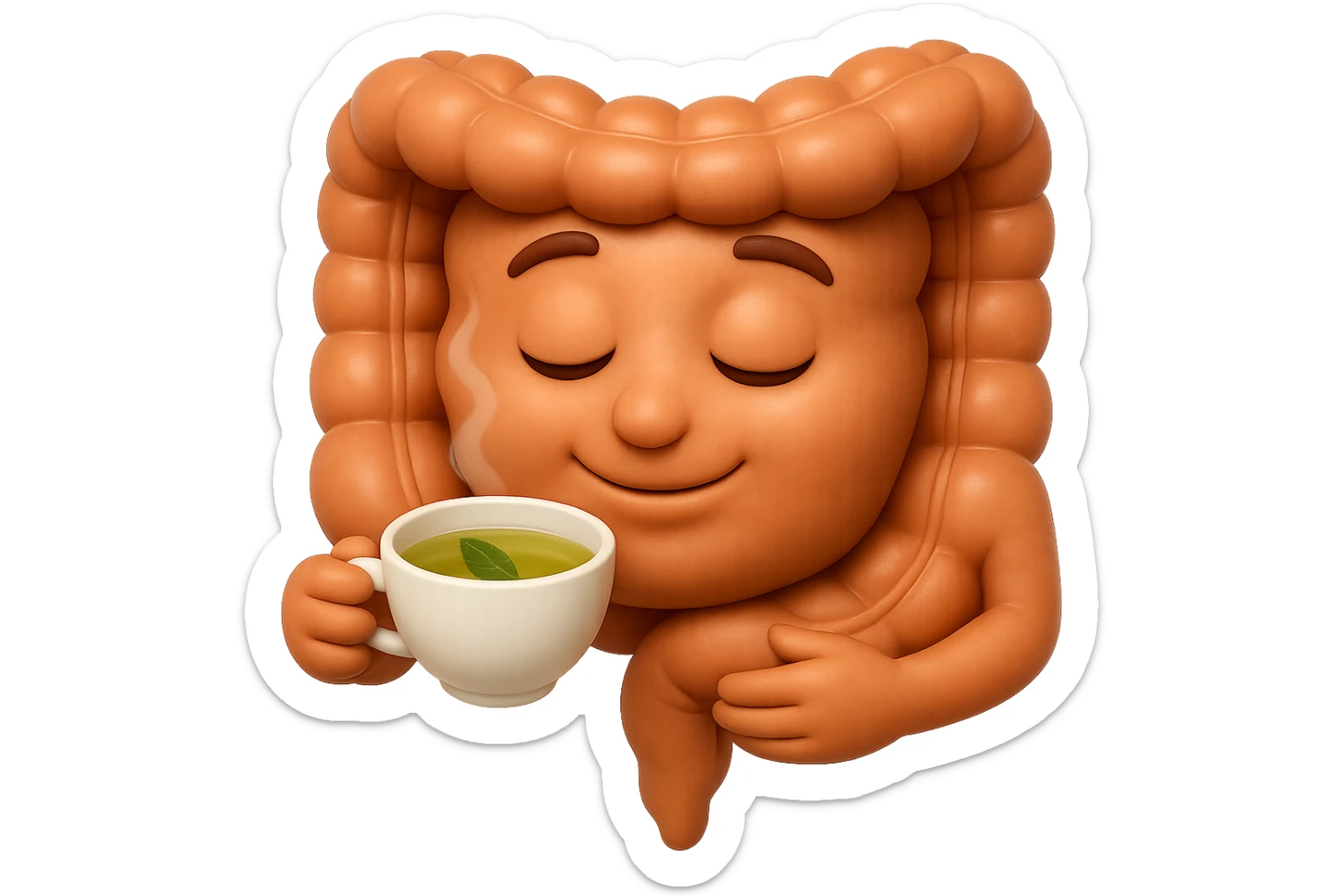 emoji stile iphone 3d di intestino umano sereno che si tocca la pancia mentre sorseggia un thè alle erbe, iperrealistico 4k sticker