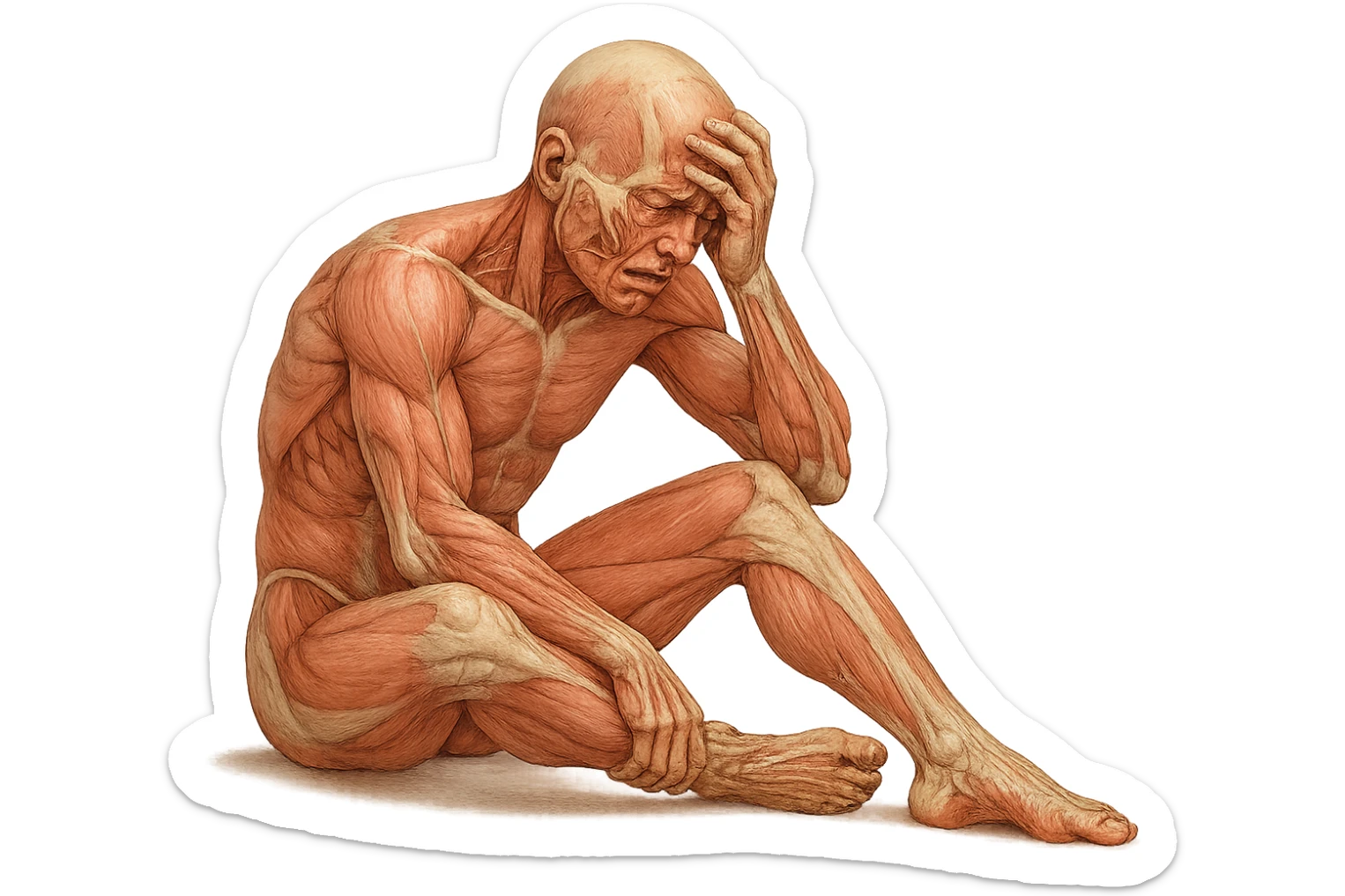 corpo umano anatomico realistico seduto a terra con postura delle spalle chiuse, mani sulla fronte ed espressione disperata in volto, isolato su sfondo bianco sticker