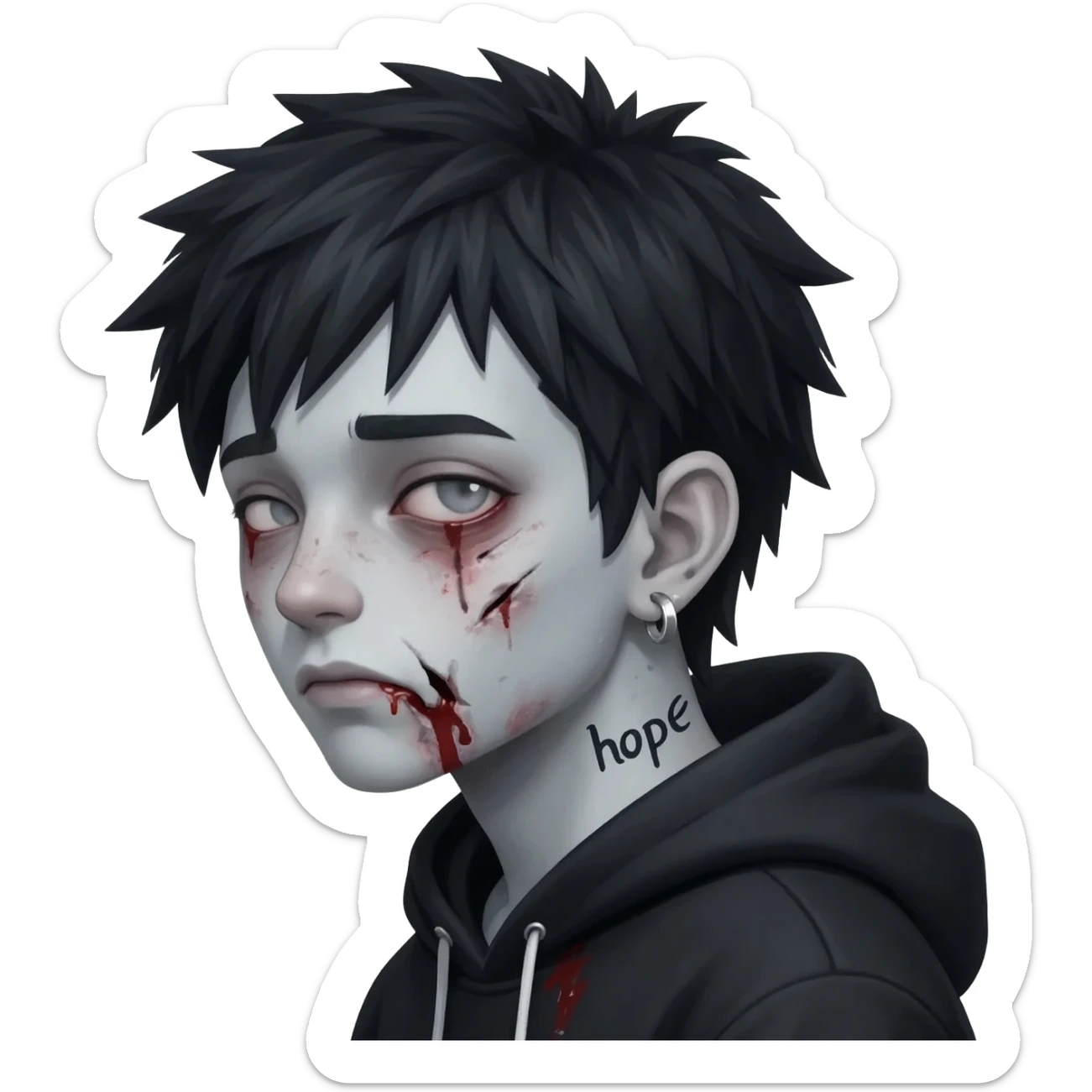 zombie boy with spiky hair and black hoodie zip one-sided earrings tattoo with the word "hope". sticker