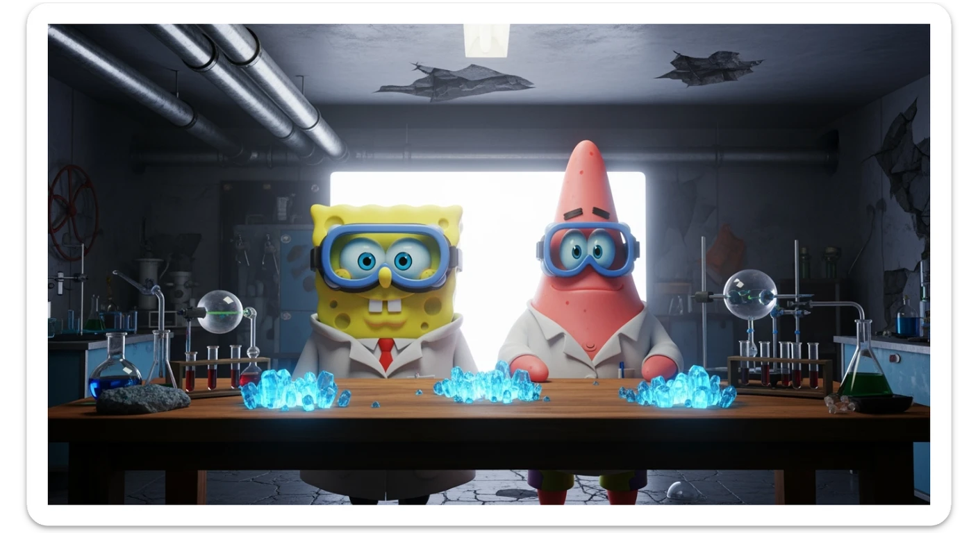 3D cienmatic cartoon shot, spongebob and patric dress in safety glasses and safe white outfit, the are standing front of table with blue crystals on table glowing (light source) science room in basement, back light, Cinema 4d render, proffesional lightning sticker