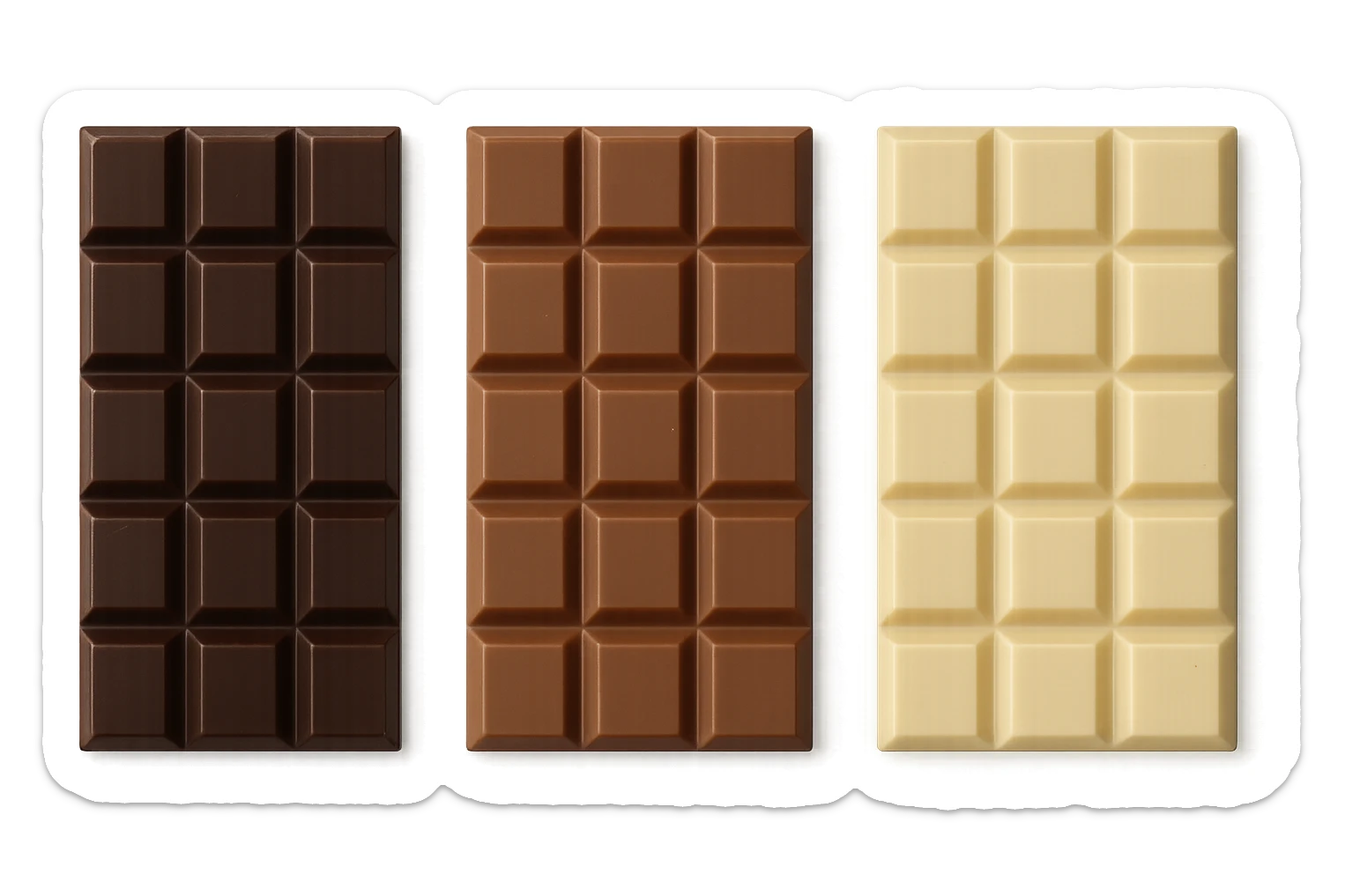 3 BARRETTE DI CIOCCOLATO, UNA FONDENTE, UNA AL LATTE E UNA BIANCA, VISTE DALL'ALTO, IPERREALISTICO 4K sticker