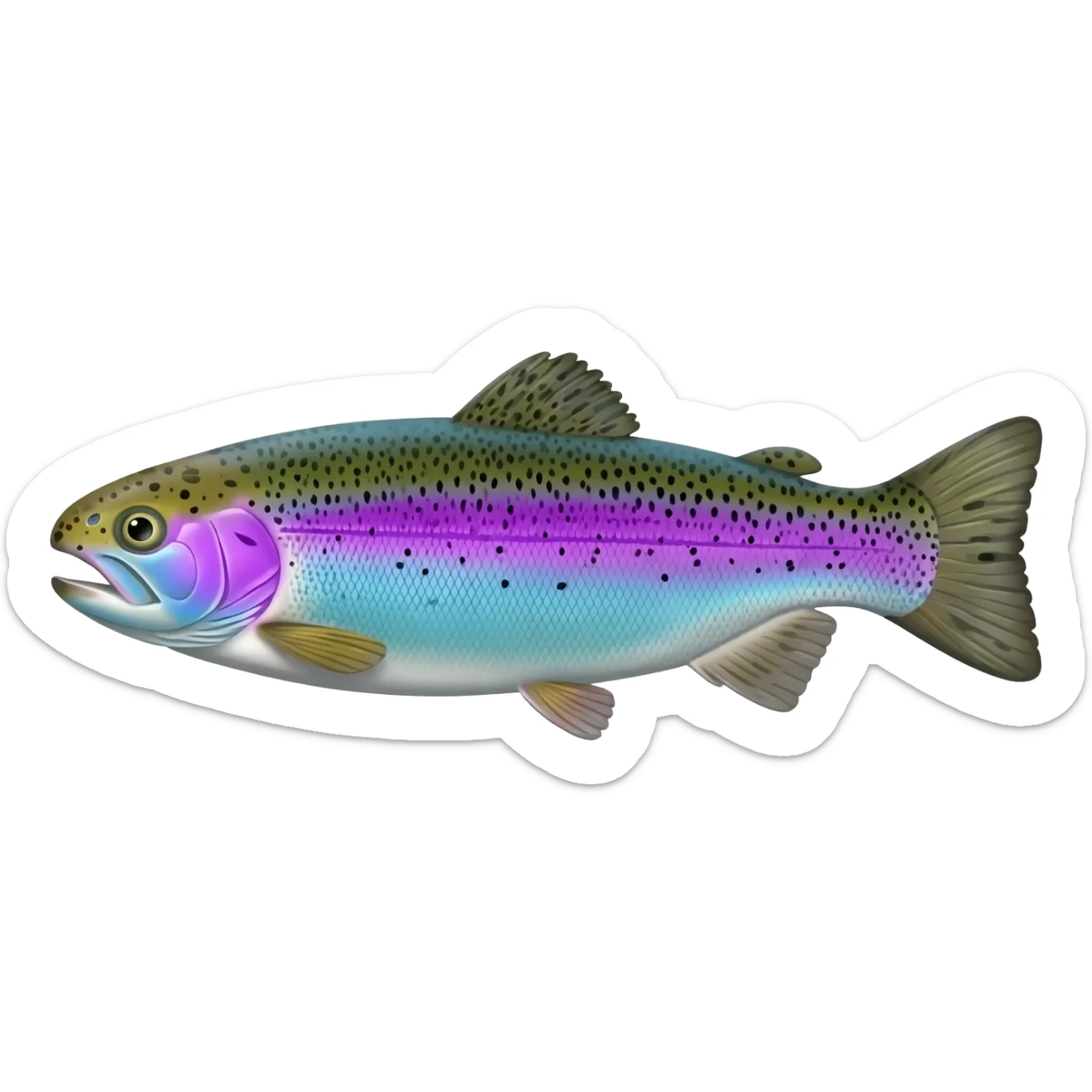 realistic rainbow trout fish bright purple blue green yellow white with black speckles sticker