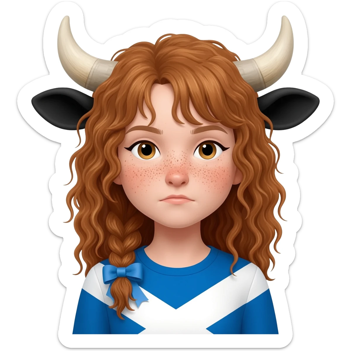 curly girl with freckles with messy light brown bangs covering the eyes with cow horns and cow ears with scottish flag on his shoulders with ribbon in her hair sticker