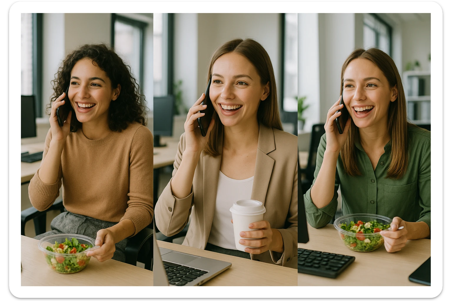 Three girls, each in their own separate modern office, talking on the phone to one another during lunch break, business casual attire, cheerful and connected vibe, modern office backgrounds with visible office elements like computers and windows, relaxed and lively social atmosphere. sticker