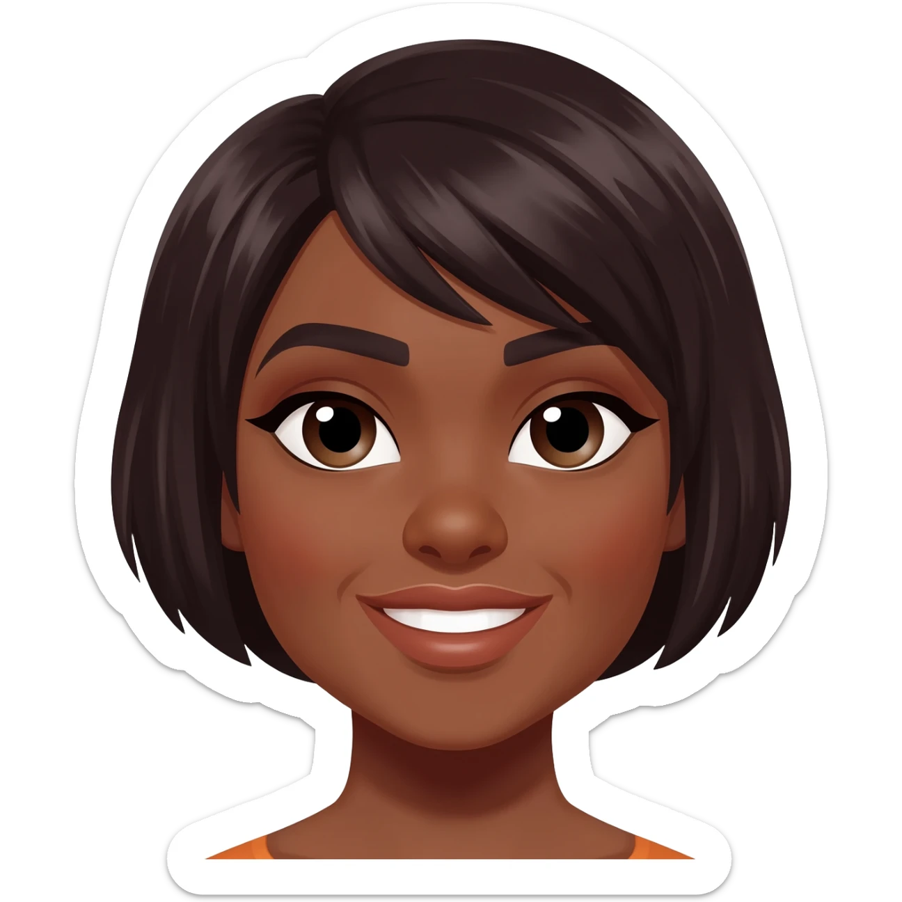 Mujer morena pelo corto oscuro ojos rasgados nariz gruesa embolada labios medianos sonriendo sticker