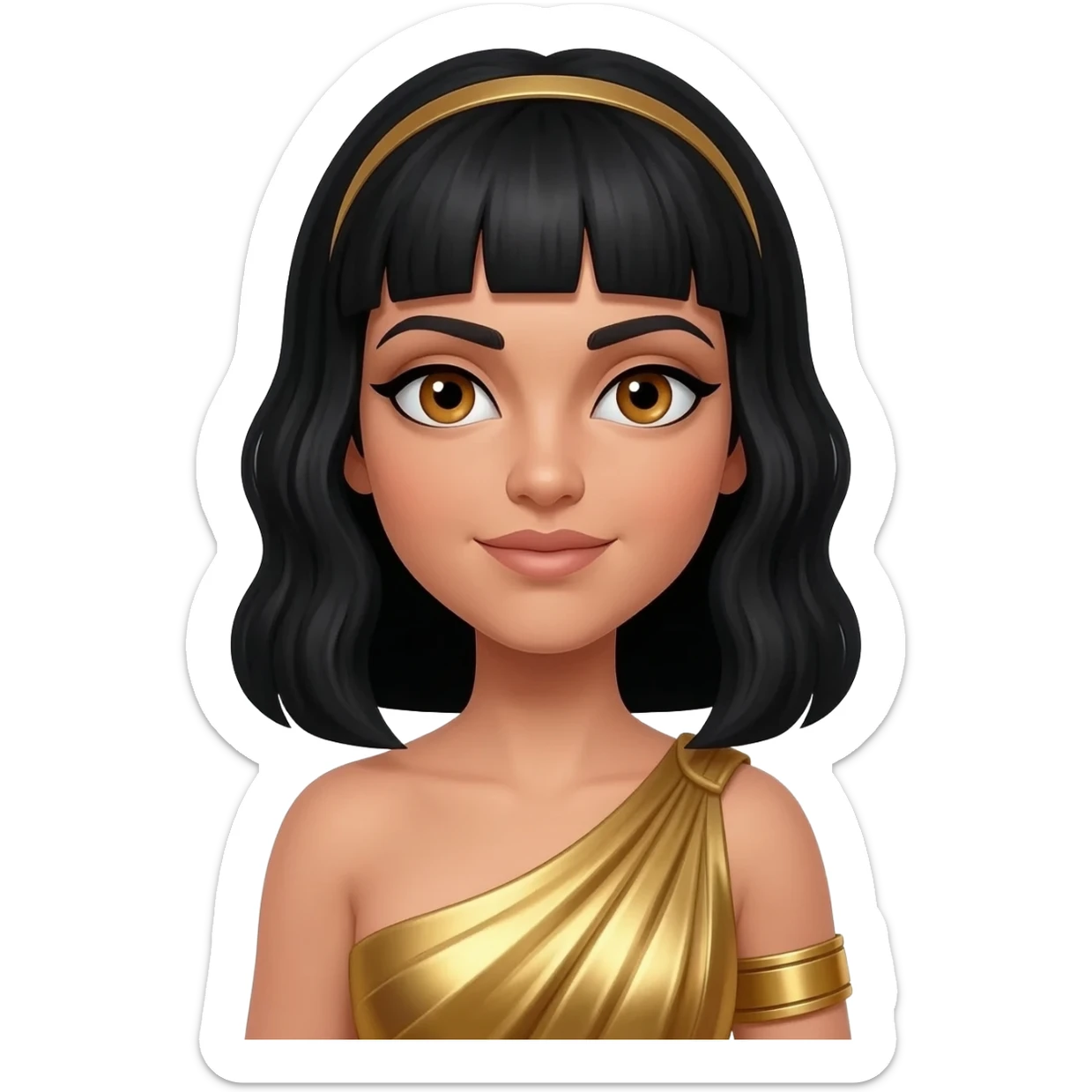 Cleopatra with hazel brown eyes, long black hair, gold metallic peplos, gold bracelet sticker