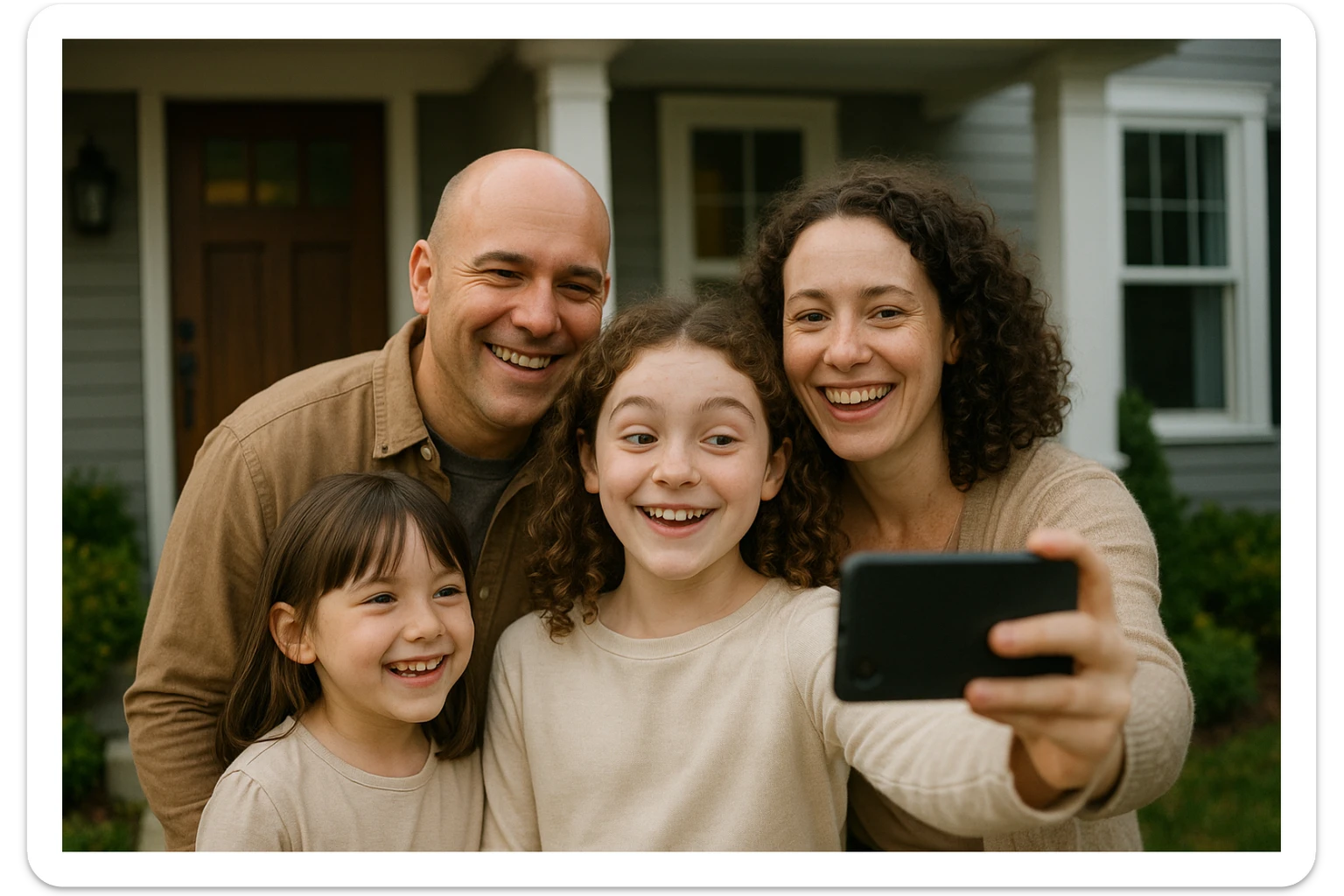 A cheerful family of four taking a selfie outside their house: bald dad (medium light skin), mom (curly hair, pale skin), older daughter (curly hair, pale skin, holding phone), younger daughter (straight hair, medium light skin). Sisters are amused, parents are smiling. sticker