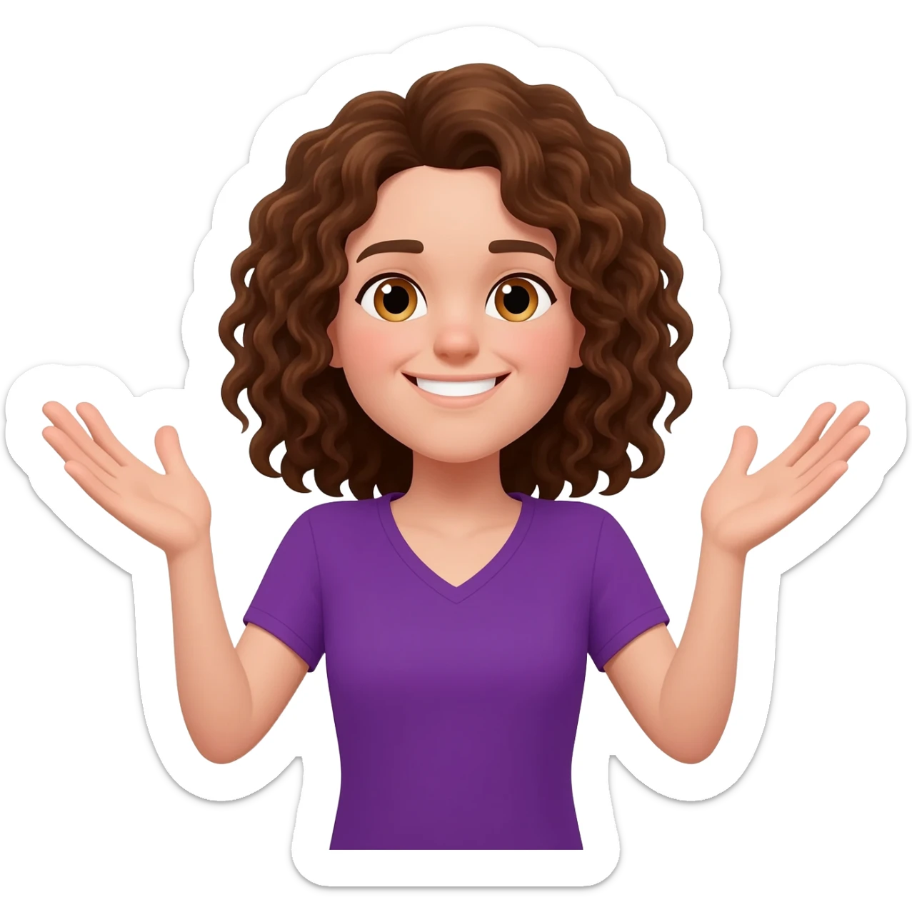 smiling face, brown curly shoulder length hair, hair touching shoulders, hazel eyes, pail skin, purple v-neck shirt, arms up in an emoji shrug position. with no third hand on shoulder sticker
