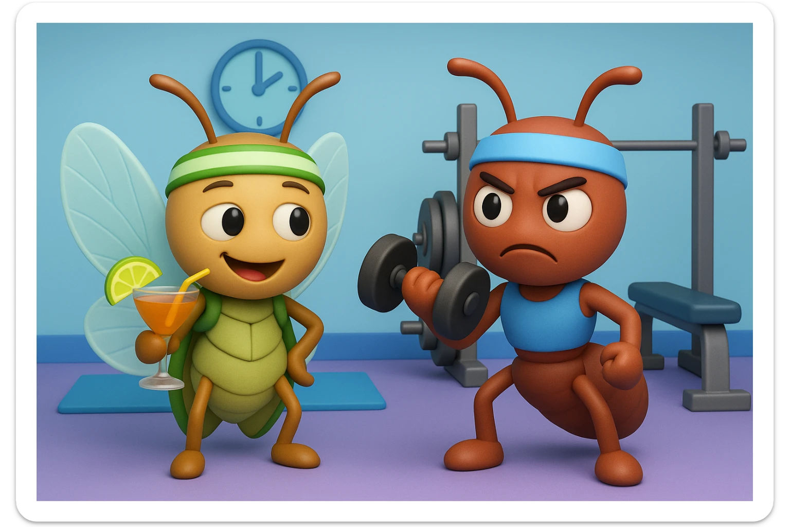 EMOJI STILE IPHONE 3D DI UNA CICALA E UNA FORMICA IN ABITI FITNESS, LA CICALA HA IN MANO UN COCKTAIL MENTRE LA FORMICA HA IN MANO UN MANUBRIO DA PALESTRA. L'IMMAGINE RAPPRESENTA IL FATTO CHE LA FORMICA VOGLIA IMPEGNARSI REALMENTE PER CAMBIARE IL SUO FISICO MENTRE LA CICALA SI VUOLE DIVERTIRE E NON CONCLUDE NULLA ALLA FINE sticker