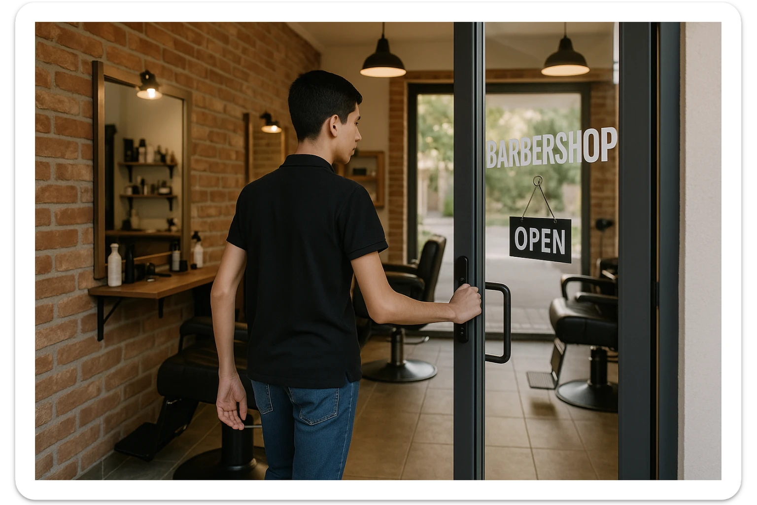 Shu odamni sartaroshxonaga kirib kelayapti  o'smirin davri rakurs ichkaridan sartaroshxona eski ham yangi ham emas bolani juda semiz qilib yuborma  u ozg'inroq bo'lsin huddi sartaroshxonani  hammadan oldin kelib ochsin sticker