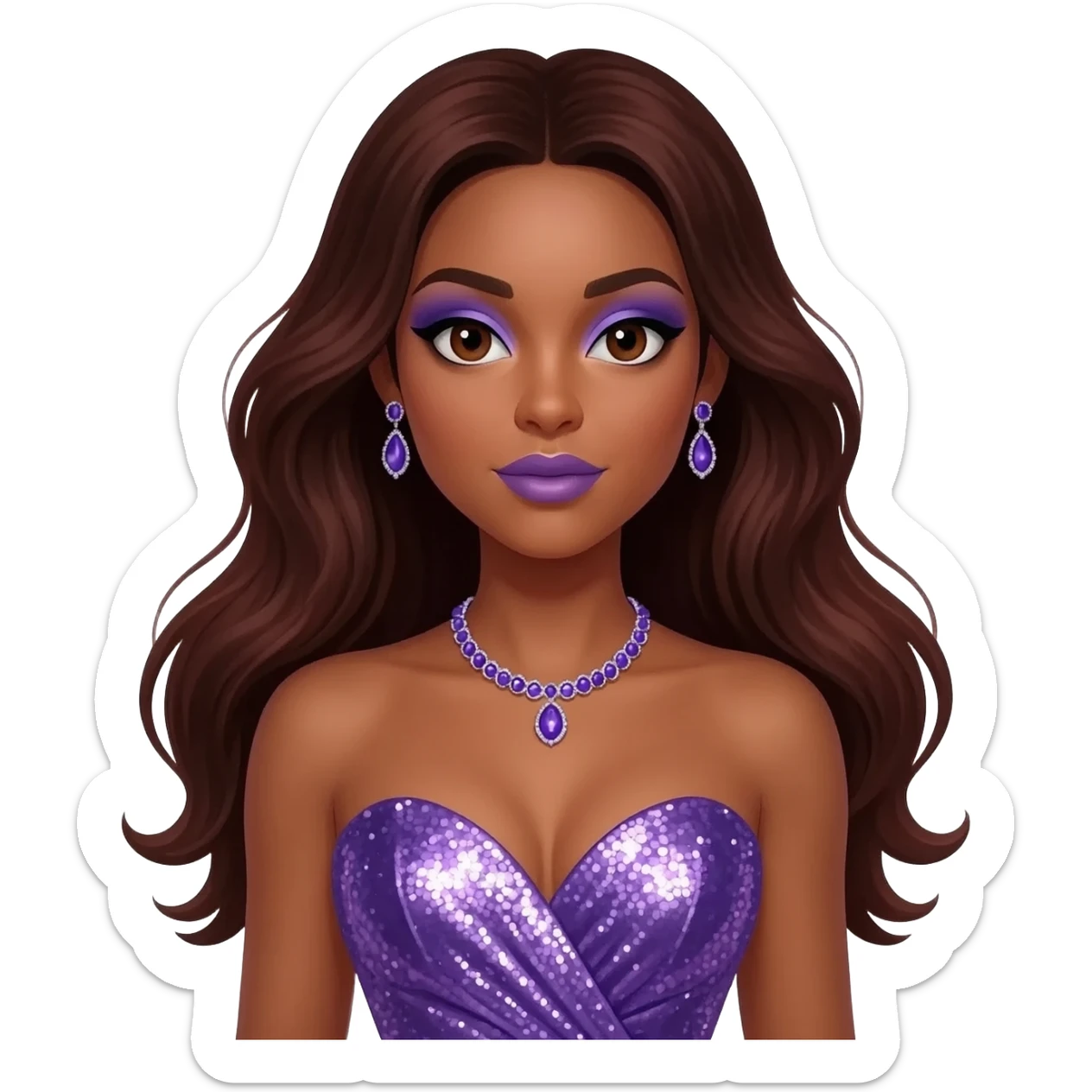 Solange with dark brown eyes, periwinkle eyeshadow and lipstick, long dark auburn hair, periwinkle metallic sweetheart dress, periwinkle necklace and earrings sticker