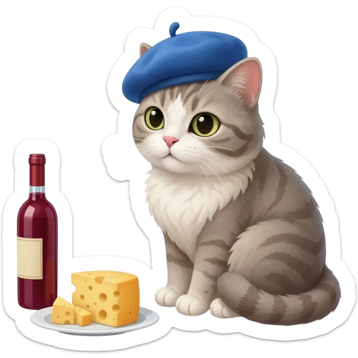 cat with beret wine and cheese sticker