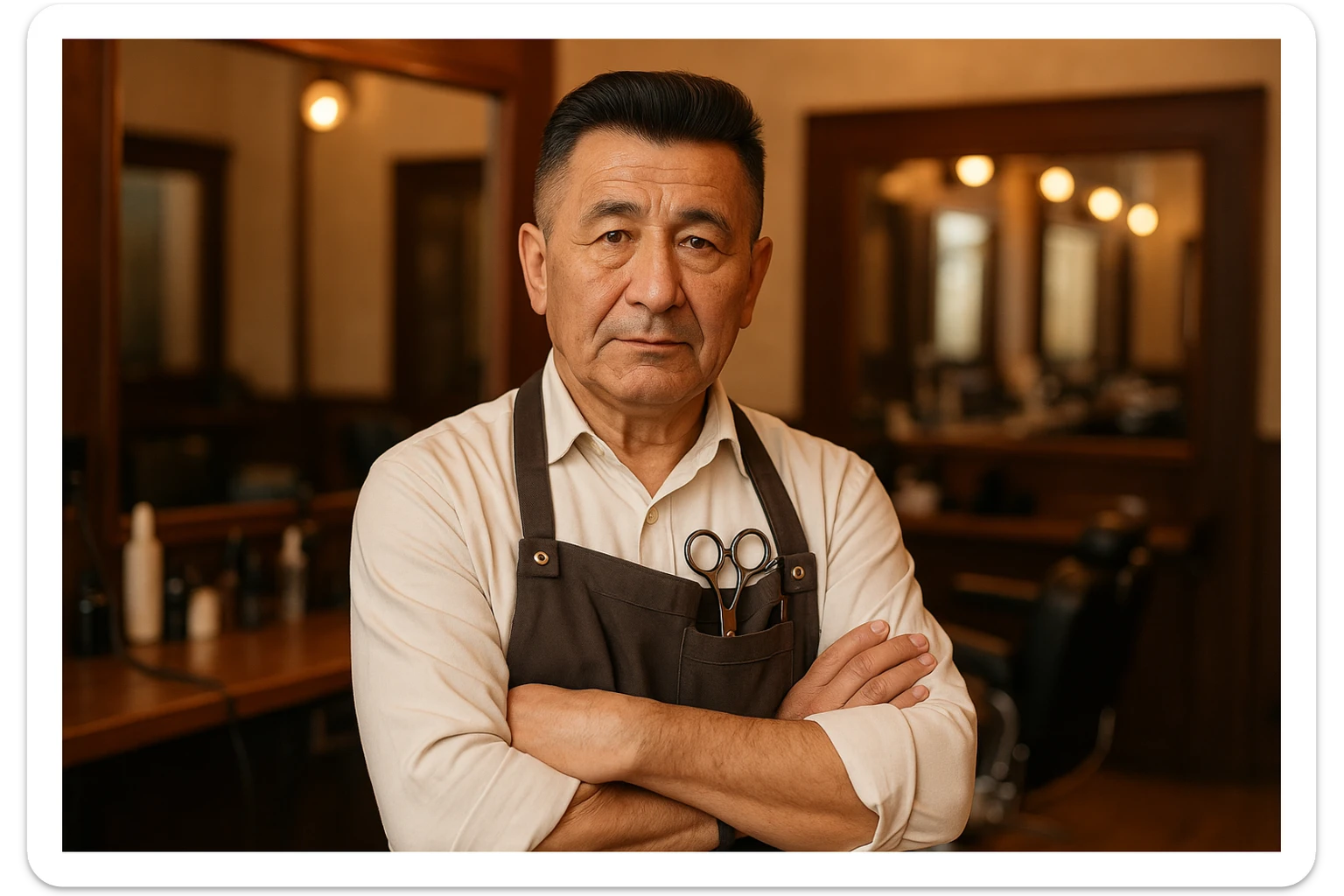 huddi shu odamni qariroq va soqolsiz tasvirlab ber o'zgartirib realistik qilib orqa fon sartaroshxona belidan sal pastroqqacha uzbek sartaroshi juda ham qari emas lekin yosh ham emas sticker