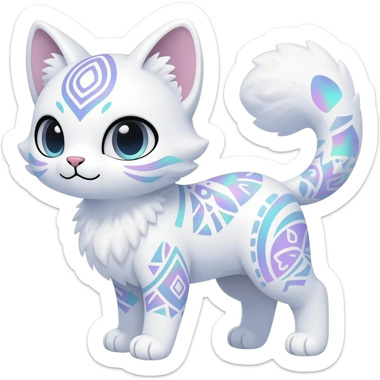 Kawaii white iridescent edgy cute cool fantasy feline-vernid-sergal-fursona animal creature with a tufted tail full body with intricate tribal markings  sticker