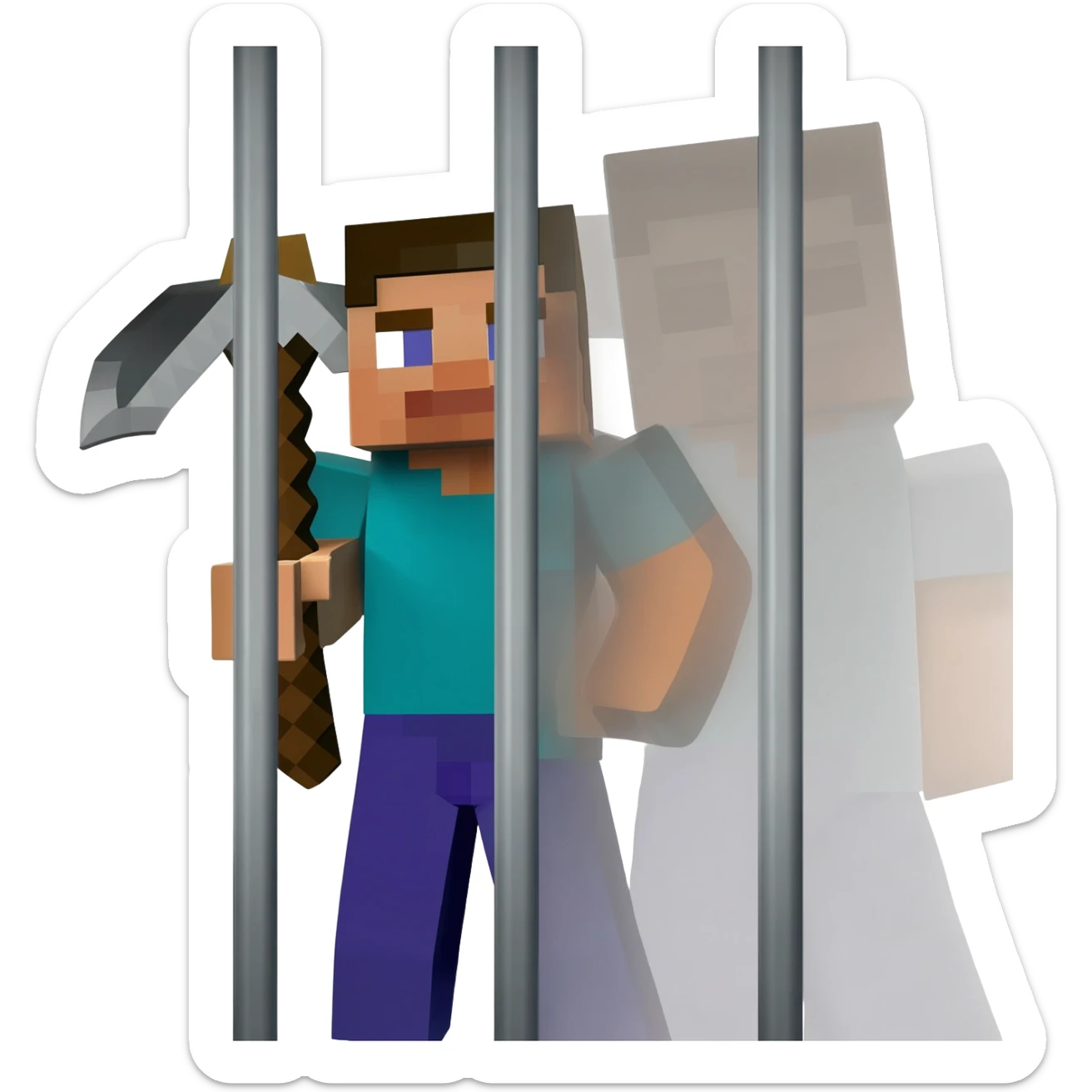 Half of a minecraft character holding a pickaxe behind bars sticker