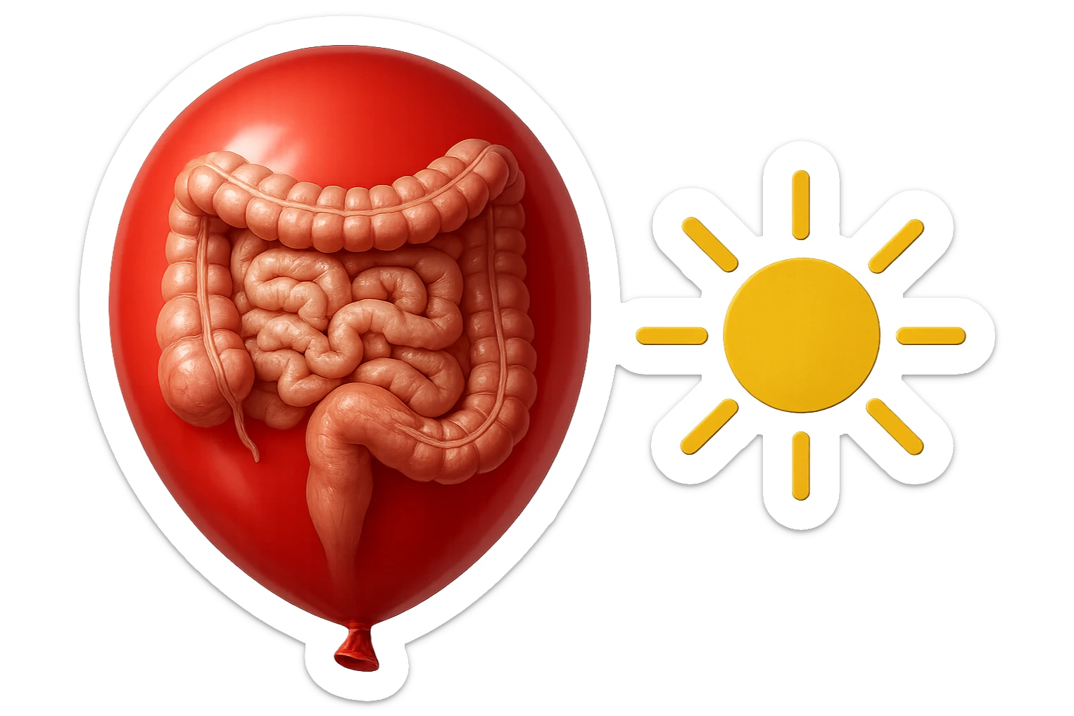 intestino umano anatomico chiuso in un palloncino rosso che simboleggia gonfiore, accanto un simbolo di sole che simboleggia "gonfiori di mattina", iperrealistico 4k sticker