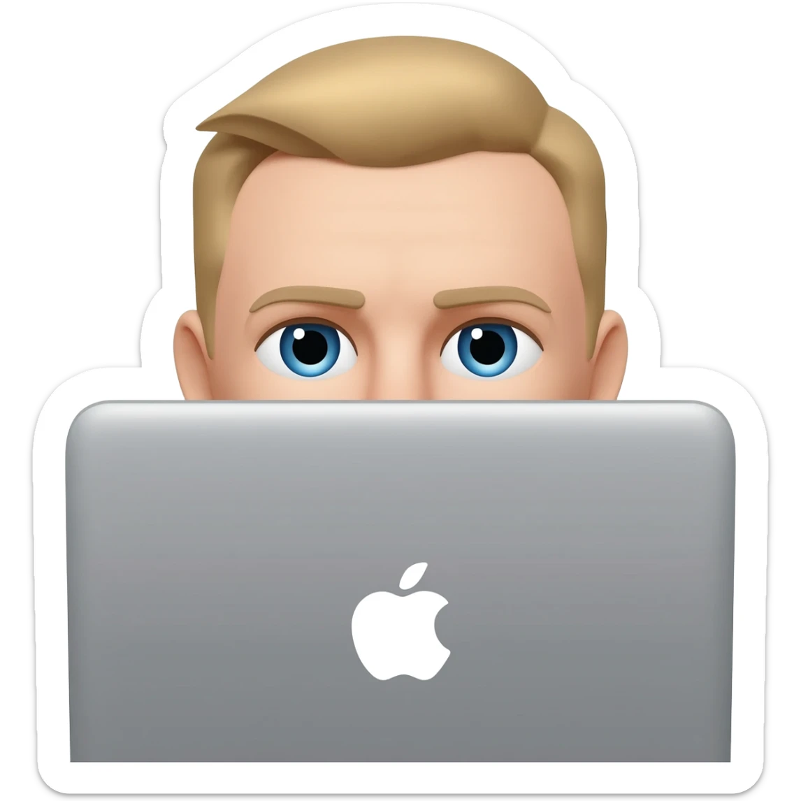 парень 30 лет с короткострижеными волосами без очков европейской внешности с голубыми глазами сидит за макбуком видно только глаза и лоб, остальное скрыто за макбуком  (волосы русого цвета) sticker