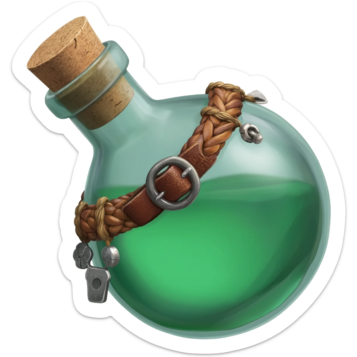 an empty round potion bottle a little rotated to the left with a cork and decorations on the bottle like ropes and belts and random stuff sticker