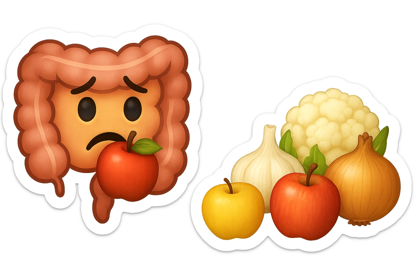 EMOJI STILE IPHONE DI UN INTESTINO UMANO IN CRISI PERCHé STA MALE, IN BOCCA HA UNA MELA E DAVANTI A LUI C'è UNA MONTAGNA DI aglio, cipolle, cavolfiore e mele sticker