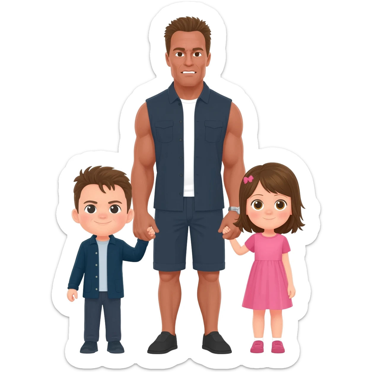 Arnold Schwarzenegger with his little boy and a little girl sticker