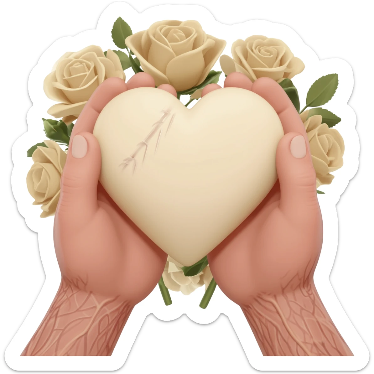 Realistic hands are holding light beige human heart with beige flowers sticker