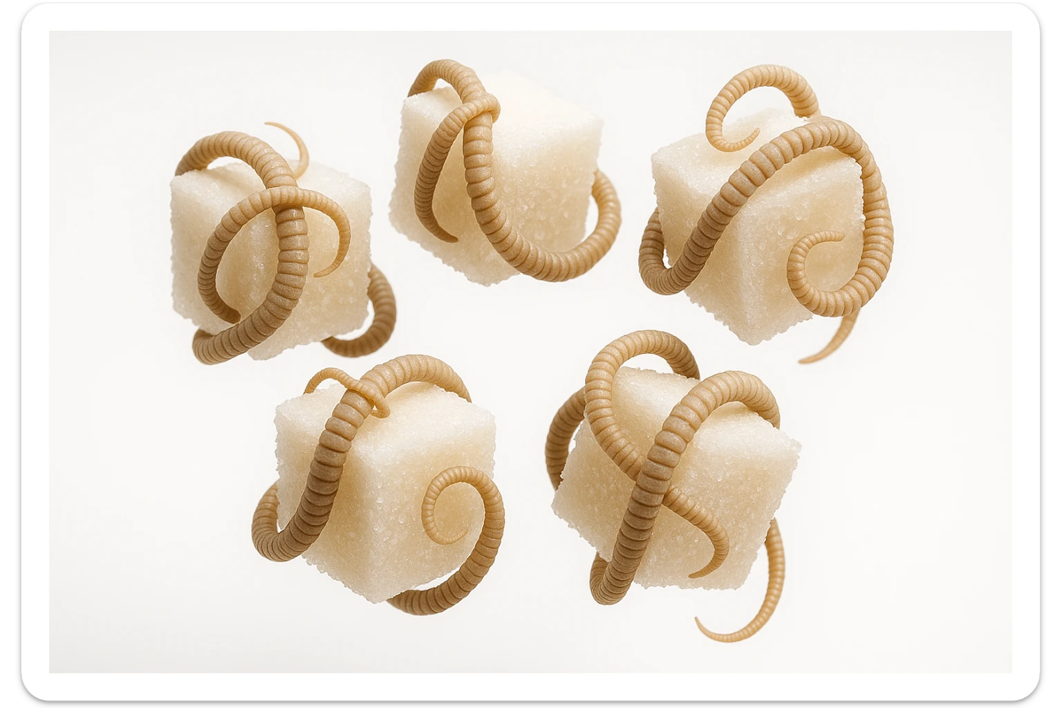 ZOLLETTE DI ZUCCHERO CON PARASSITI TIPO LA TENIA ARROTOLATE INTORNO AD OGNI ZOLLETTA, FLUTTUANO IN ARIA SU SFONDO BIANCO, IPERREALISTICO 4K sticker