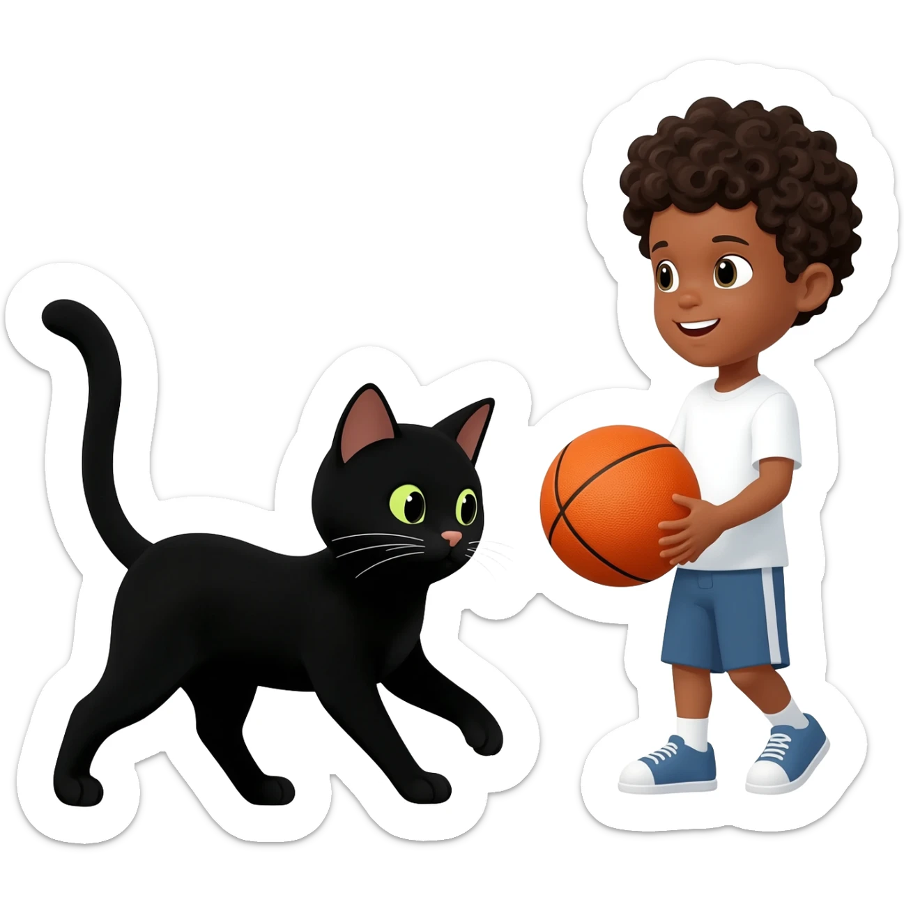 Black cat playing with orange basketball and a little white boy with curly black hair sticker
