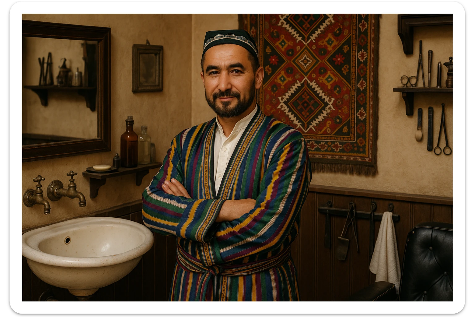 uzbek sartaroshi qo'lini qovushtirib turibdi yon taraf sal pastroq rakusdan sticker