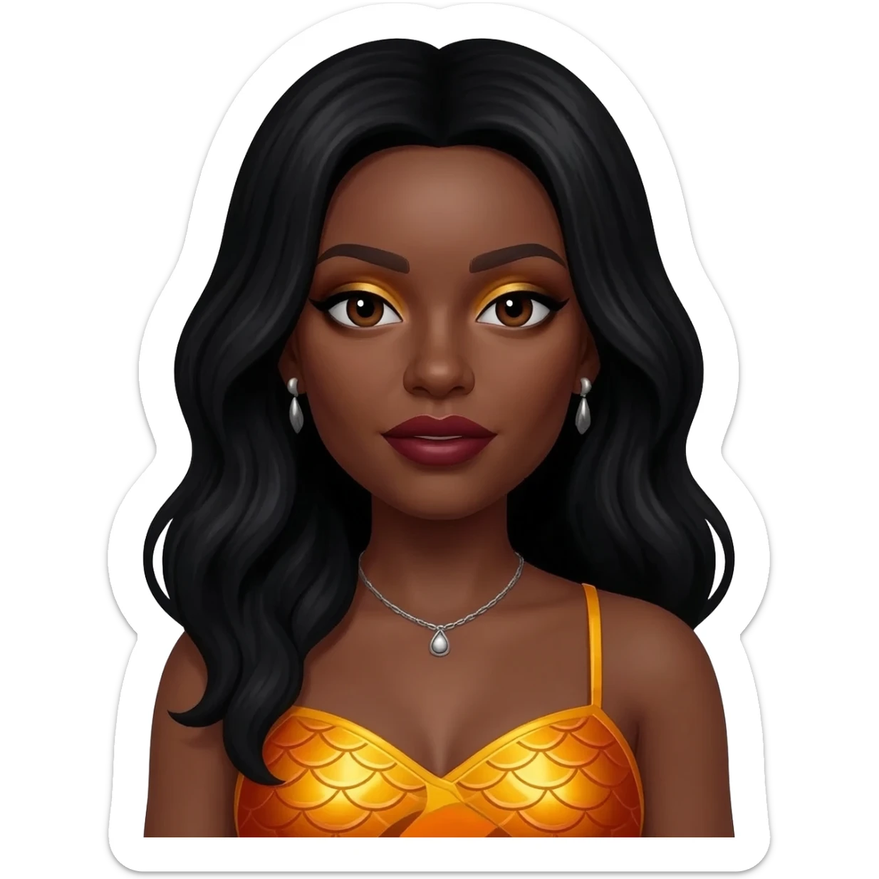 Rozonda Chilli Thomas from TLC with dark brown eyes, long black hair, gold eyeshadow, dark red lipstick, yellow-orange metallic mermaid crop top, silver necklace and earrings sticker