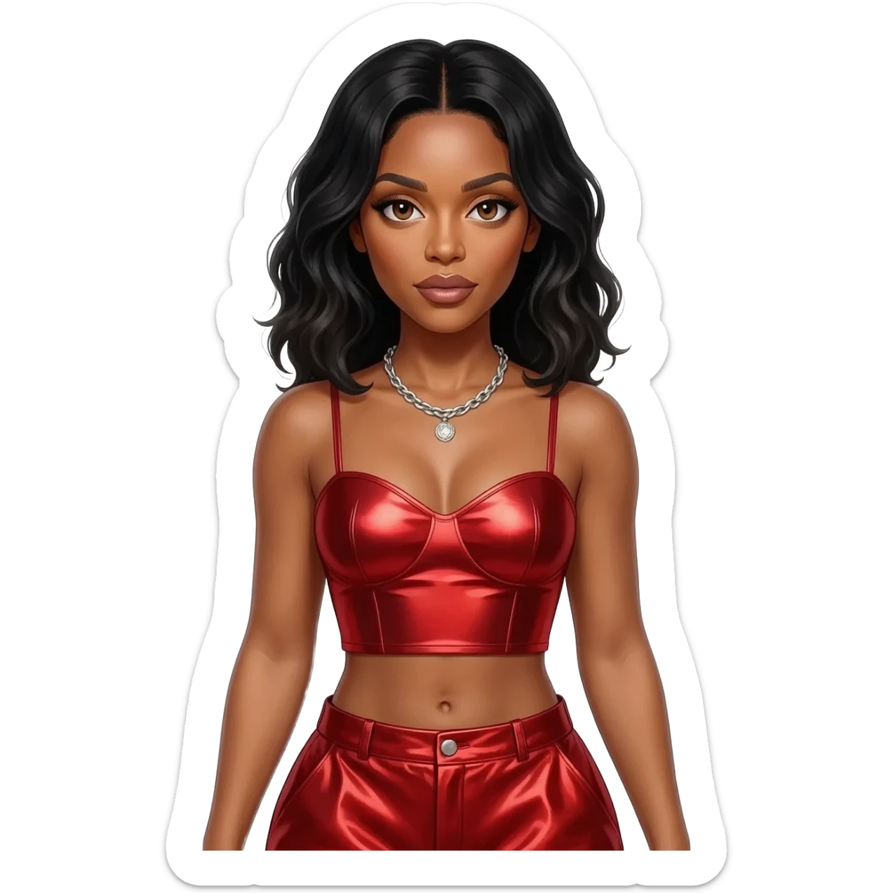 Kelly Rowland with brown eyes,  jet black hair, red metallic sweetheart crop top, red metallic baggy pants, silver necklace sticker